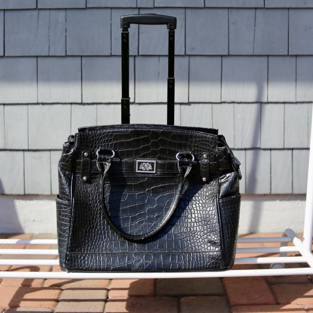 Black Crocodile-Embossed Women's Rolling Travel Briefcase Tote Bag